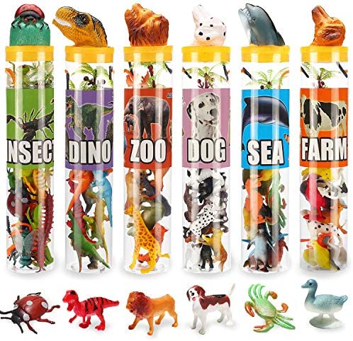 82 Piece Animal Toy, Assorted Mini Dinosaur Insect Ocean Sea Animal Farm Animal Jungle Animal Dog Figure, Realistic Vinyl Plastic Zoo Play Set, Small Toys for Sensory Bin Cupcake Topper Party Favors