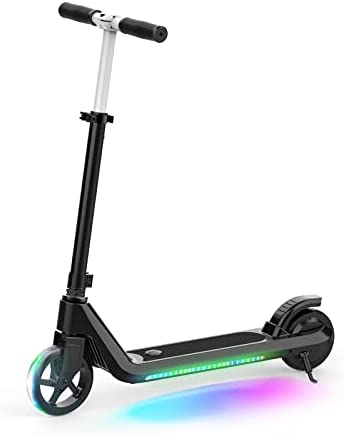 LINGTENG Electric Scooter for Kids Age of 6-10, Up to 6 mph and 80 min Ride Time, Kick-Start Boost Kids Scooter with Adjustable Speed and Height, Kids Scooter with Flash Wheel & Deck Lights（Black）