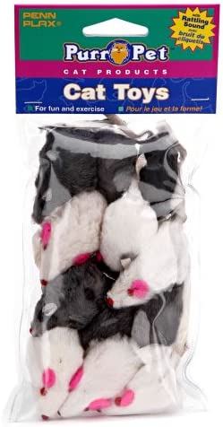 Penn-Plax Play Fur Mice Cat Toys | Mixed Bag of 12 Play Mice with Rattling Sounds | 3 Color Variety Pack – CAT531, Black and White