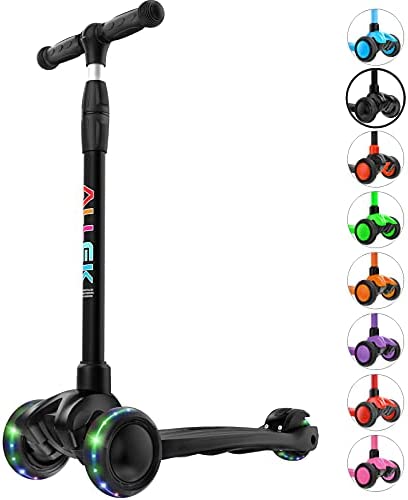 Allek Kick Scooter B03, Lean ‘N Glide 3-Wheeled Push Scooter with Extra Wide PU Light-Up Wheels, Any Height Adjustable Handlebar and Strong Thick Deck for Children from 3-12yrs (Black)