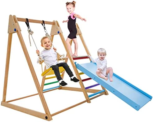 Triangle Climbing Toys for Toddler Indoor Play Gym with Swing,Climber, Slide, Balance Beam, 4 in 1 Indoor Playground for Children Kids 2-6