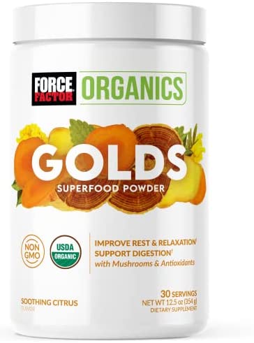 Force Factor Organics Golds Superfood Powder to Improve Rest and Relaxation, Turmeric Curcumin and Mushroom Supplement with Turkey Tail Mushroom, Chaga, and Ginger, Soothing Citrus, 30 Servings