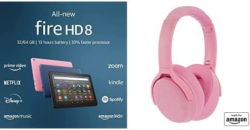 Tablet Bundle: Includes All-new Amazon Fire HD 8 tablet, 8” HD Display, 32 GB (Rose) & Made for Amazon Active Noise Cancelling Bluetooth Headphones (Rose)