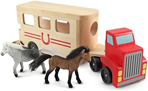 Melissa & Doug Horse Carrier Wooden Vehicle Play Set With 2 Flocked Horses and Pull-Down Ramp – Horse Figures, Wooden Horse Trailer Toy For Kids Ages 3+