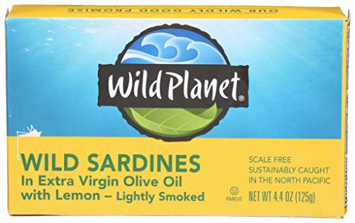 Wild Planet, Wild Sardines In Extra Virgin Olive Oil with Lemon, Lightly Smoked, Tinned Fish, Sustainably Caught, Non-GMO, Kosher, Gluten Free, Keto and Paleo, 4.4 Ounce Single Unit