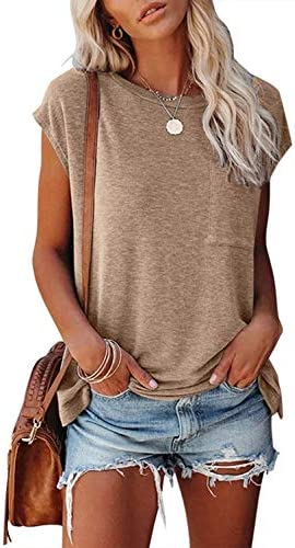 MEROKEETY Women’s Casual Cap Sleeve T Shirts Basic Summer Tops Loose Solid Color Blouse with Pocket