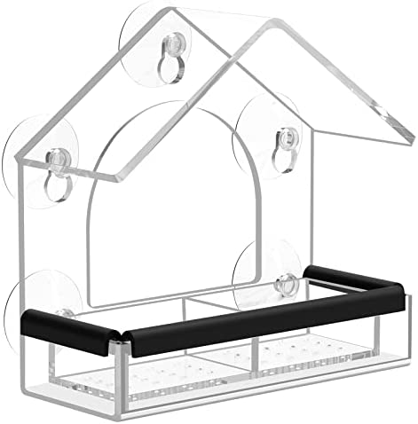 Transparent Window Bird Feeder with 5 Extra Strong Suction Cups, Drainage Holes, Detachable Seed Tray, DY-SKTY Sturdy and Durable Acrylic Clear Birds Feeders for Outside Wild Birds
