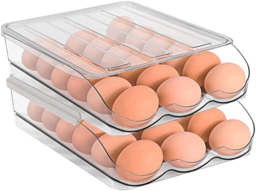 Sooyee 2 Layer Egg Holder Egg Storage Container for Refrigerator,Ramp Type Auto Roll Egg Organizer for Refrigerator,Large Egg Container Bin,Clear