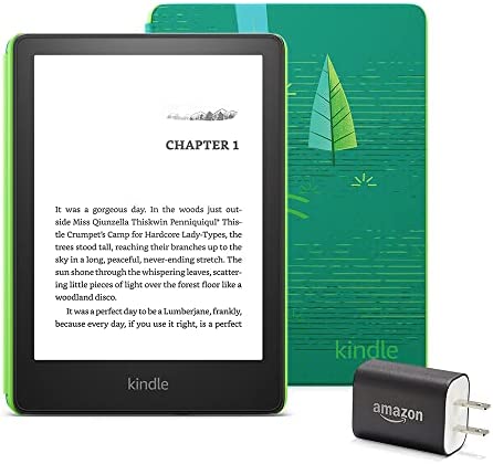 Kindle Paperwhite Kids Essentials Bundle Including Kindle Kids Device – (8 GB), Kids Cover – Emerald Forest, Power Adapter, and Screen Protector