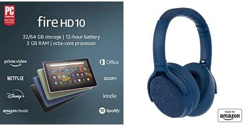 Tablet Bundle: Includes Amazon Fire HD 10 tablet, 10.1″, 1080p Full HD, 64 GB (Denim) & Made for Amazon Active Noise Cancelling Bluetooth Headphones (Blue)