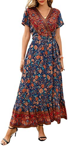 ZESICA Women’s 2023 Bohemian Floral Printed Wrap V Neck Short Sleeve Split Beach Party Maxi Dress
