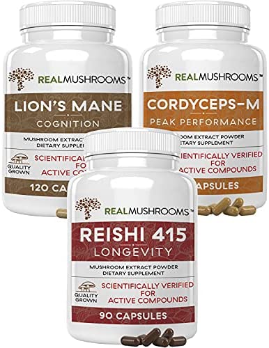 Real Mushrooms Brain, Vitality & Immune Support Bundle – Lion’s Mane Cognition Capsules (120 Capsules) + Reishi 415 Longevity Capsules (90 Capsules) & Cordyceps-M Peak Performance (120 Capsules)