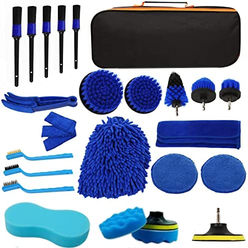 Zenply 23Pcs Car Cleaning Brush kit, Interior Car Detailing Kit Supplies Exterior Car Polishing Driller Attachment Pad Set with Carry Bag for Automobile,Wheels, Dashboard, Leather, Air Vents Blue