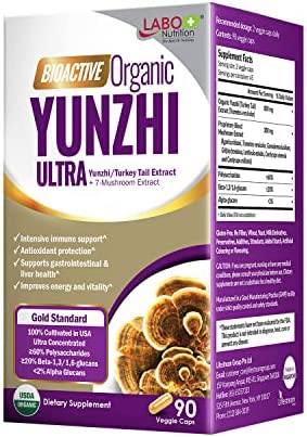 LABO Nutrition Bioactive Organic Yunzhi/Turkey Tail Ultra, USDA Organic, 8 Medicinal Mushroom Supplement, Cordyceps, Maitake, Reishi, Agaricus blazei Murill, Shiitake, for Immunity, No Fillers, Vegan