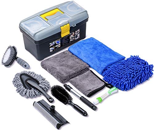 AUTODECO 10pcs Car Cleaning Tools Kit, Detailing Interiors Premium Microfiber Cleaning Cloth – Car Wash Mitt – Tire Brush – Window Water Blade with Storage Box