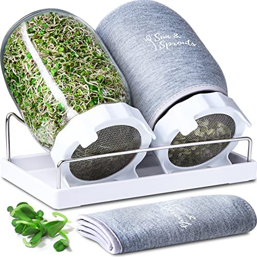 Sun & Sprouts Complete Sprouting Kit – 2 Large Wide-Mouth Mason Jars, Premium Screen lids, Blackout Sleeves, Tray and sprouter Stand – for Growing Broccoli, Mung Bean, Alfalfa Sprout from Seed