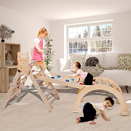 3 in 1 Foldable Pikler Triangle Climber,Montessori Climbing with Ramp,Sliding & Arch,Wooden Climber Set Toys for Toddler,Indoor/Outdoor Kids Playground Gym Activity Climber(Three-position adjustment)