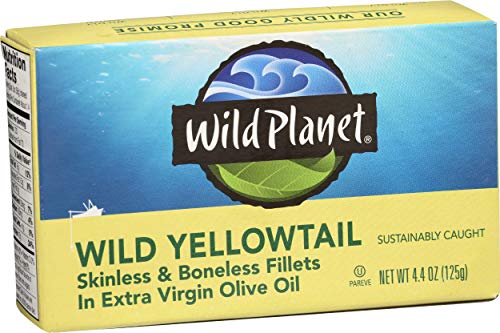 Wild Planet Wild Yellowtail Fillets in Organic Extra Virgin Olive Oil, Skinless & Boneless, Tinned Fish, Sustainably Caught, Non-GMO, Kosher, Gluten Free, Keto and Paleo, 4.4 Ounce Single Unit