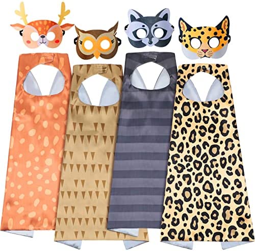 Leitee 4 Sets Safari Party Favors Animal Mask and Capes Jungle Theme Mask Cosplay Capes Wild Safari Birthday Decorations Zoo Animal Costumes for Kids Girls Boys Dress up Christmas Supplies, 4 Styles