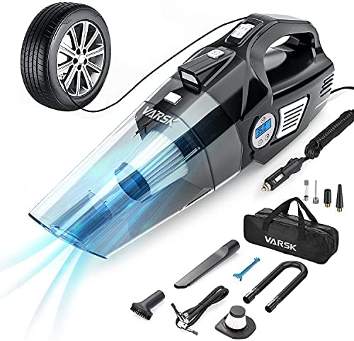 VARSK 4-in-1 Car Vacuum Cleaner, Tire Inflator Portable Air Compressor with Digital Tire Pressure Gauge LCD Display and LED Light, 12V DC Air Compressor Pump, 15FT Cord, Bonus HEPA Filter and Nozzles