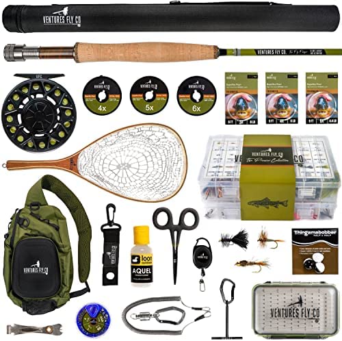 Ventures Fly Co. | Starter Packages | 23 Fly Fishing Accessories Complete Gear Combo | Perfect Beginner Kit | Includes Rod, Reel, Line, Flies, Leader, Tippet, Forceps, Nipper, Floatant & Net