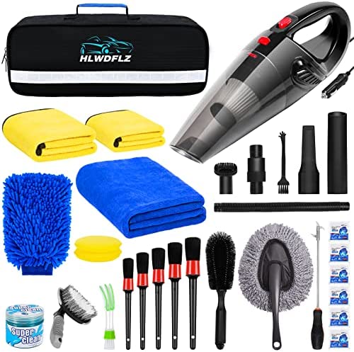 HLWDFLZ 30PCS Car Wash Cleaning Kit – High Power Portable Car Vacuum Cleaner, Car Interior and Exterior Detailing Set with Cleaning Gel, Duster, Brush, Towels, Wash Mitt