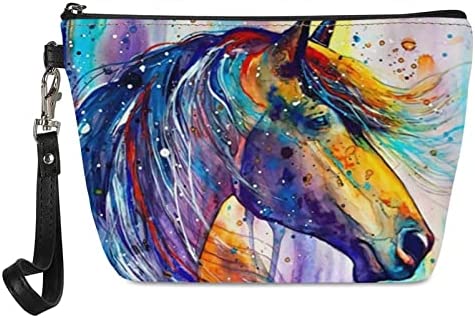 PIHNSDUA Watercolor Horse Painting Cosmetic Bag Water-resistant Leather Accessories Organizer for Toiletries/Cosmetics/Brushes Portable Artist Storage Bag Cosmetic Zip Bag with Wrist Strap for Women