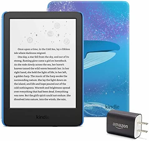 Kindle Kids Essentials Bundle including Kindle Kids (2022 release), Kids Cover – Space Whale, Power Adapter, and Screen Protector